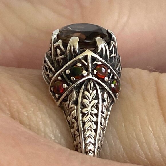 Sterling Silver 925 Dainty Round Smoky Quartz & Opal Accent Ring MISSING STONE - Picture 13 of 16